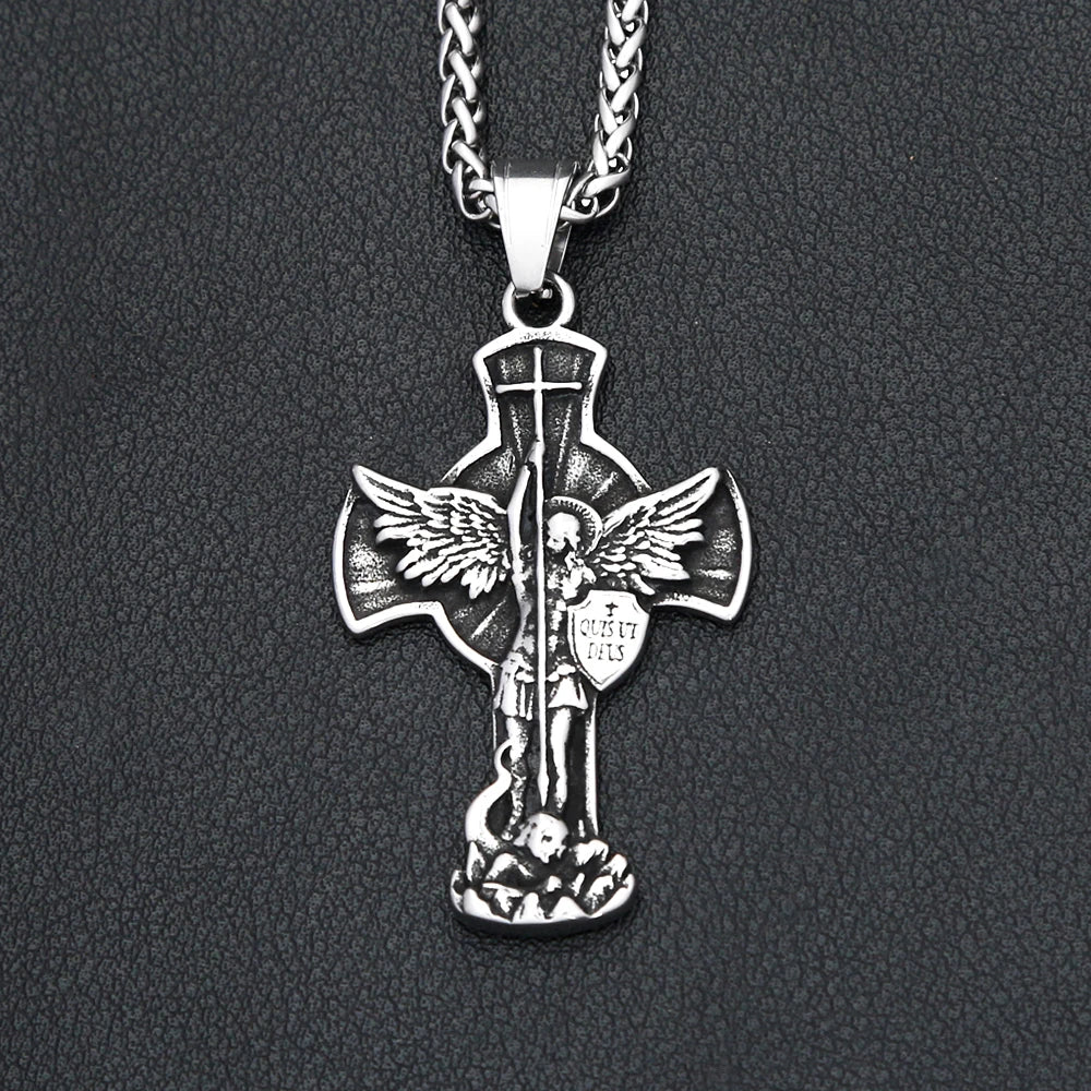 New Vintage St. Michael Archangel Pendant Necklace Stainless Steel Angel Wings Cross Necklaces For Men Women Religious Jewelry