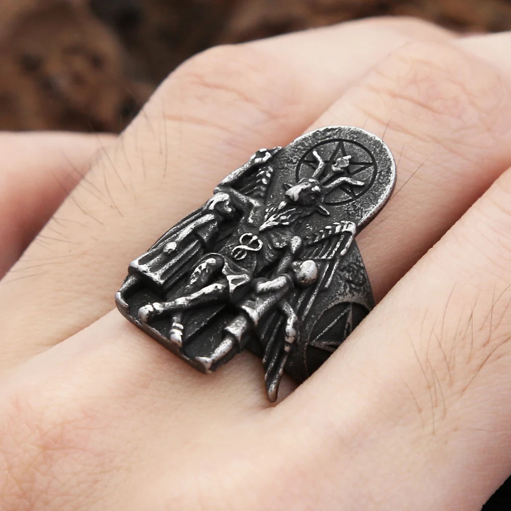 New Gothic Stainless Steel Lucifer Satanic Signet Ring For Men With Anubis Rings Punk Fashion Vintage Pagan Jewelry Dropshipping