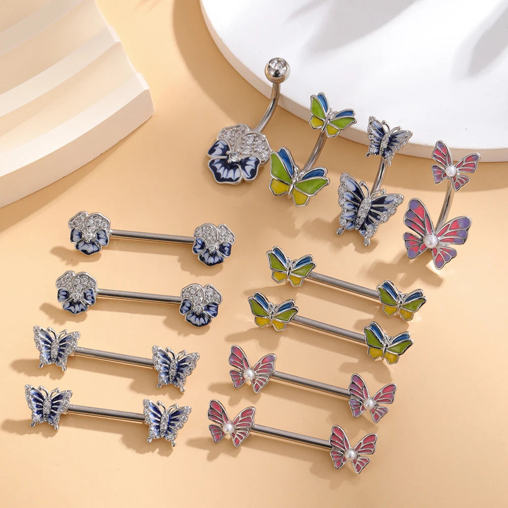 3pcs Belly Button Ring Nipple Piercing Sets Both Sides Screwed Sexy Body Nipple Rings Butterfly Flower Curved Navel Piercings