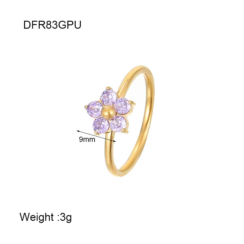 Dainty 14k Gold Plated Stainless Steel Cubic Zirconia Floral Ring for Women Waterproof Flower Texture Stackable Ring Party Gift