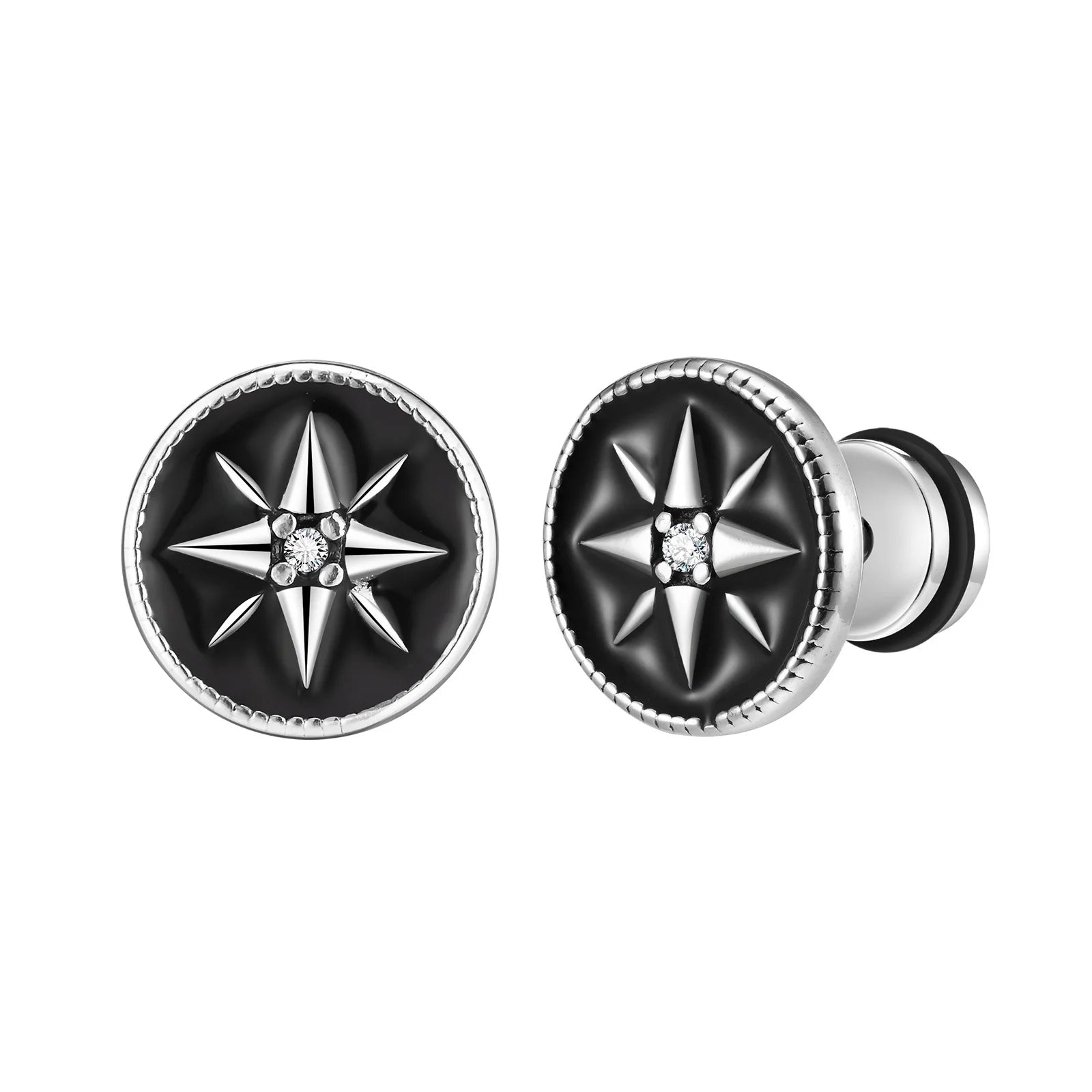 Nautical Compass Star Stud Earrings for Men Boys,Stainless Steel Black Circle with White CZ Stonel,Hiphop Punk Jewelry Gifts