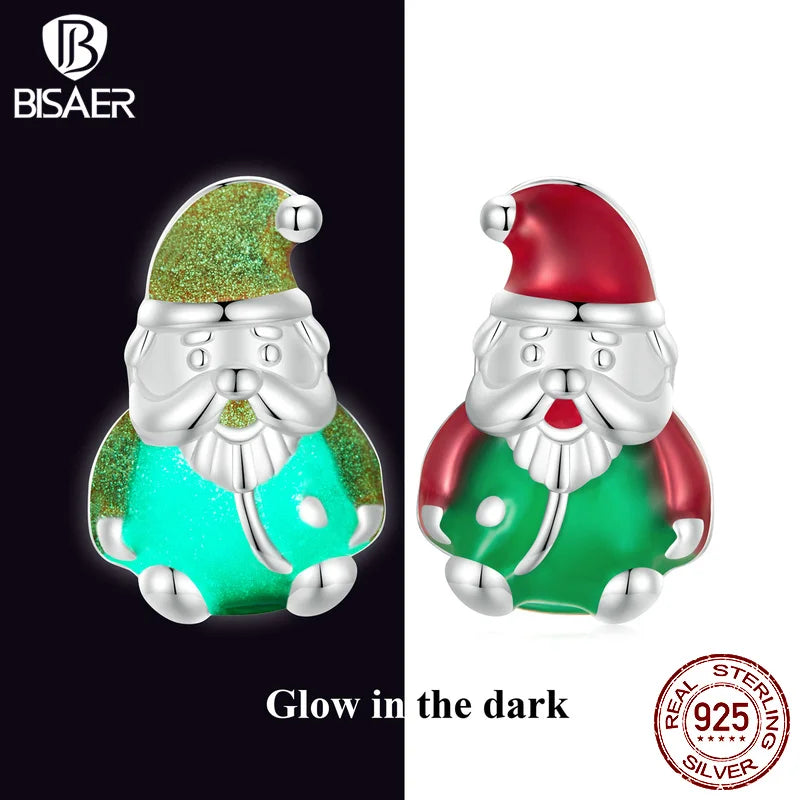 BISAER 925 Sterling Silver Luminous Santa Claus Stud Earrings Enamel Process for Women Christmas Fine Jewelry Gift EFE918