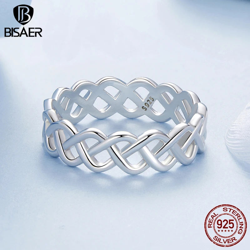 BISAER 925 Sterling Silver Hollowed Woven Ring Minimalism Finger Band Plated White Gold for Women Lover Party Fine Jewelry Gift