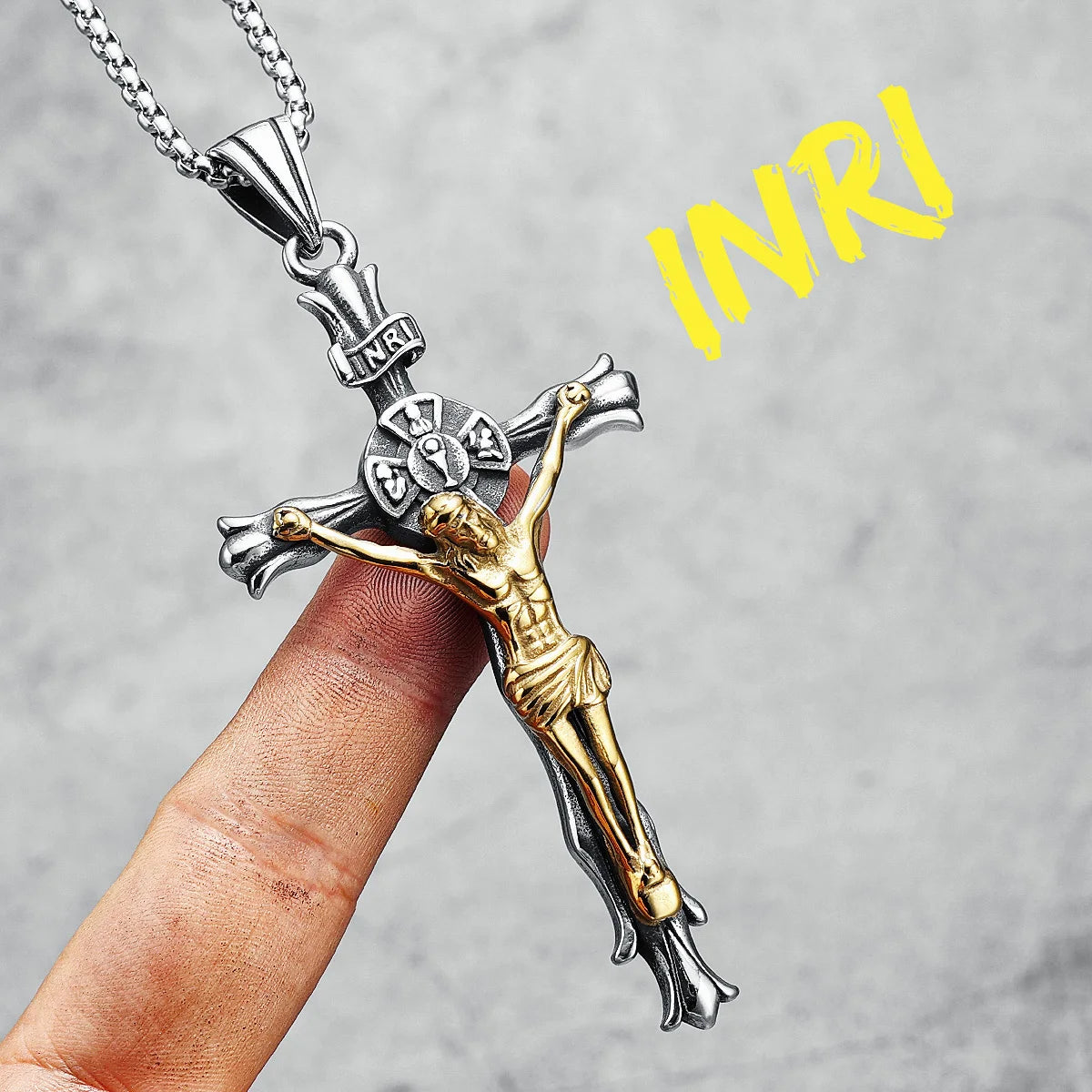 Jesus Cross Pendant INRI 316L Stainless Steel Men Necklace Retro Golden Plated Chain Religion Rap Belief for Friend Jewelry Gift