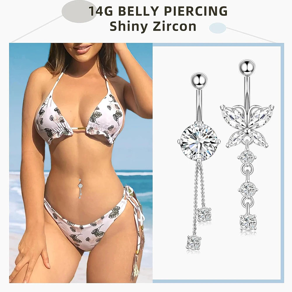 14G Gold Color Series Butterfly Dangled Belly Piercing Sets 5PCS/Lot Heart Flower Curved Navel Navel Ring Belly Button Rings