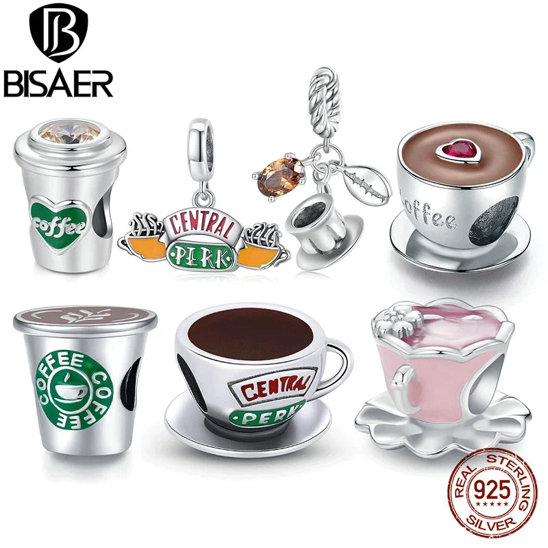 BISAER 100% 925 Sterling Silver Flower Teacup Charm Bead Coffee Cup Pendant Plated Platinum Fit Women DIY Bracelet Fine Jewelry