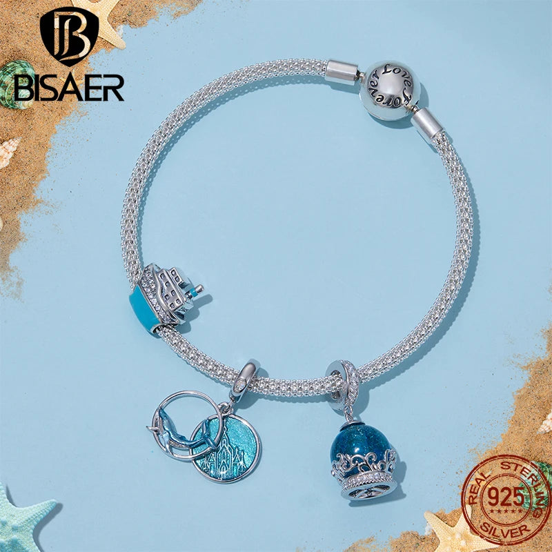 BISAER 925 Sterling Silver Blue Sea Charm Beads Giant Ship Mermaid Pendant For Women Bracelet Necklace DIY Jewelry Beach Gift