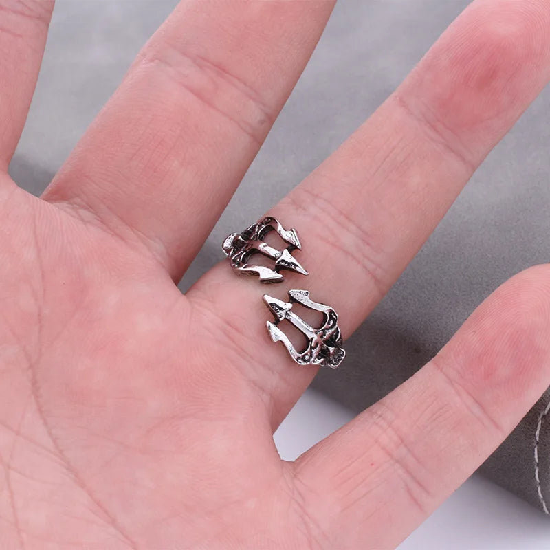 Men  trident ring retro nautical style personality open index finger alloy ring spot