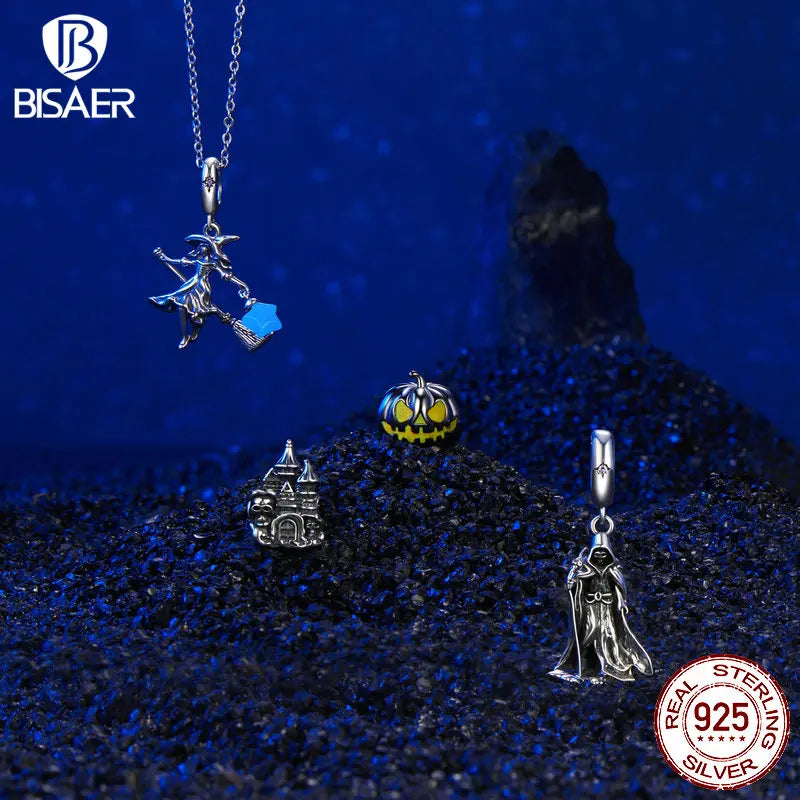 BISAER 925 Sterling Silver Vintage Patterned Skull Charm Bead Luminous Witch Hat Pendentif Fit DIY Bracelet Bijoux Halloween Cadeau