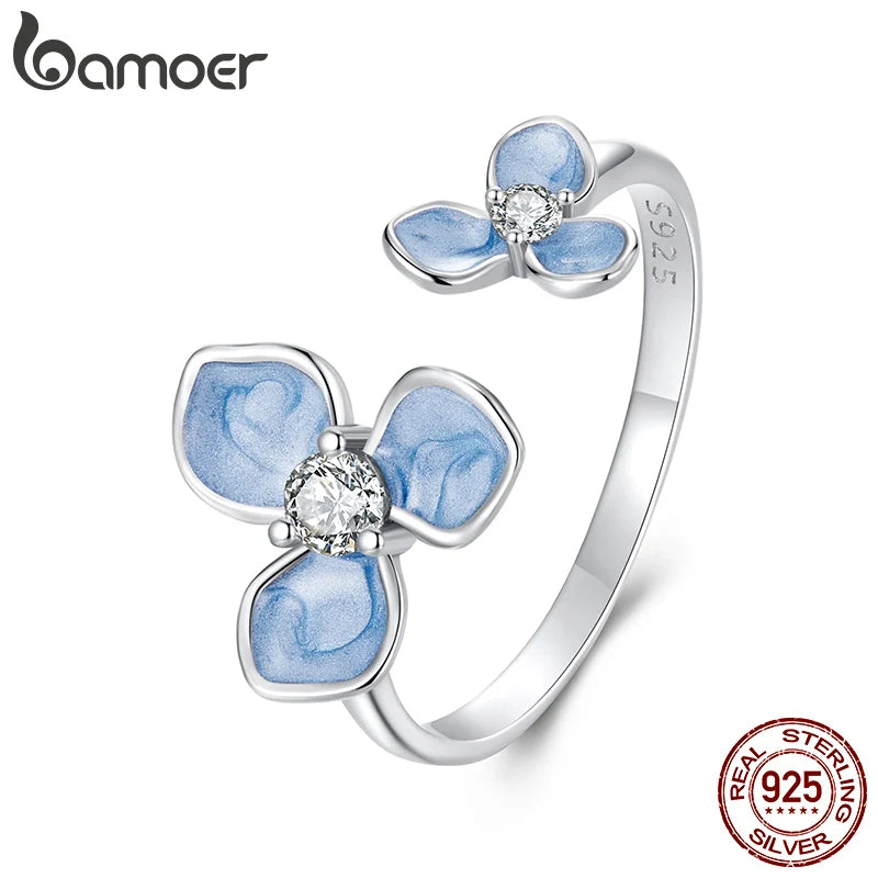 Bague ajustable en argent sterling 925 BAMOER avec fleur bleue, plaquée or blanc, jolie bague de promesse de Noël, bijoux délicats et chics