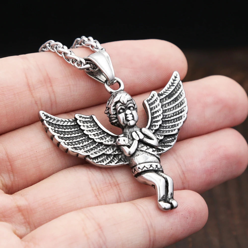 Vintage Stainless Steel Angel Wings Prayer Hands Pendant Necklaces For Men Women Fashion Anniversary Amulet Jewelry Dropshipping