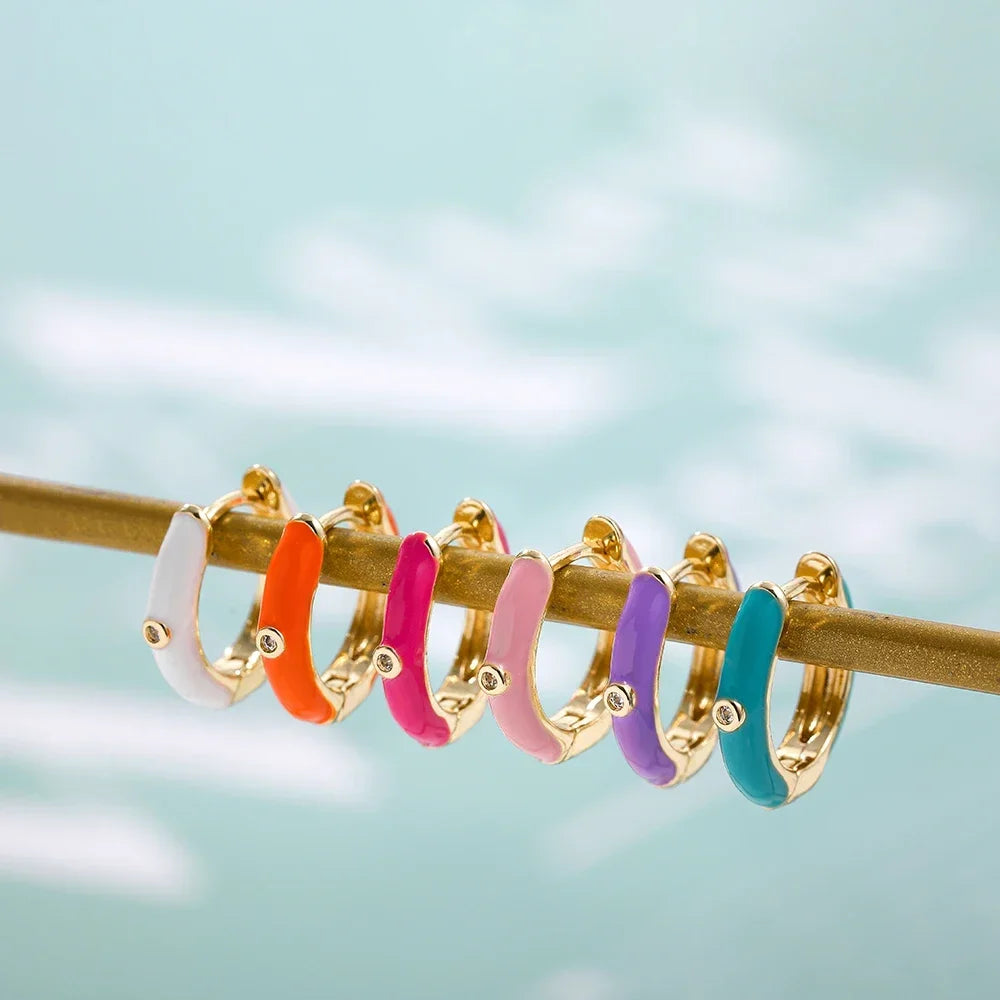 Charm Enamel Color Heart Huggie Hoop Earrings for Women Fashion Rainbow Mushroom Shell Pendants Small Earring Set Girls Gift