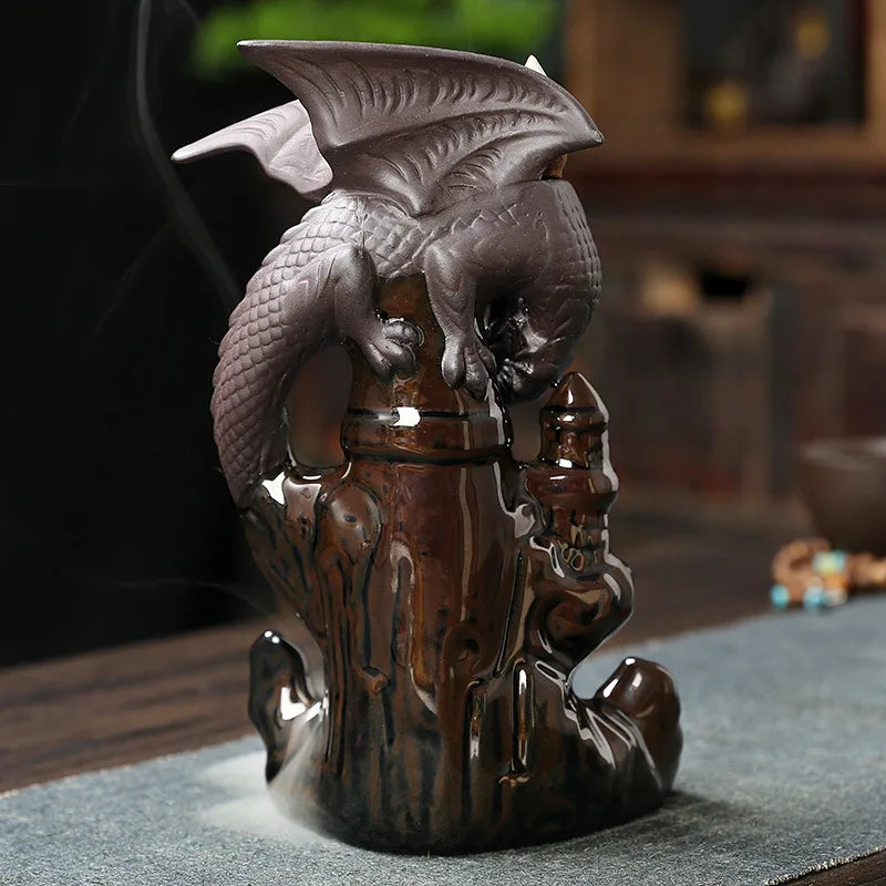 Creative Home Decor Ornaments Dragon Waterfall Backflow Incense Burner Pterosaur Ceramic Censer Incense Stick Holder -No Incense