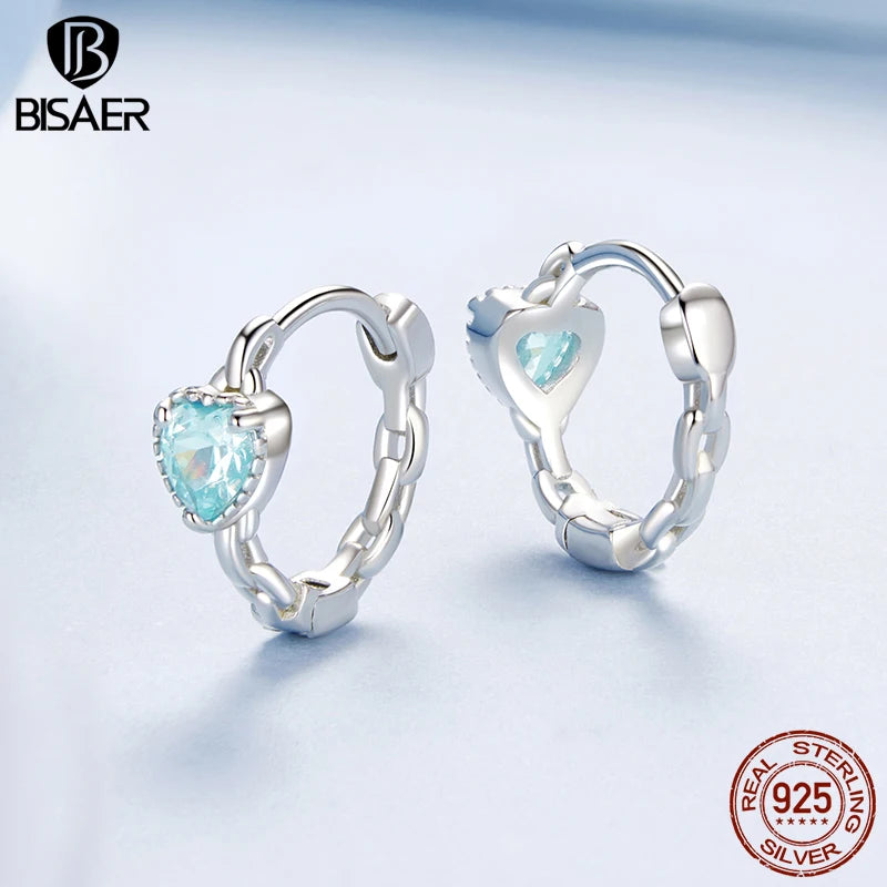 BISAER 925 Sterling Silver Aquamarine Heart Hoop Earring Round Circle Stud Ear Plated White Gold For Woman Party Fine Jewelry