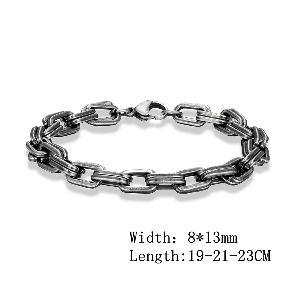 MKENDN Vintage Oxidized Black Double Lock Link Chain Bracelets for Men Stainless Steel Punk Motorcycle Charm Bracelets Male Puls