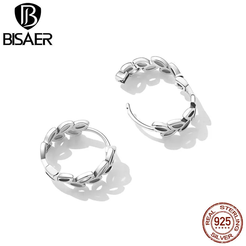 BISAER 925 Sterling Silver Simple Hollow out Leaf Hoop Earrings Plants Ear Buckles For Women Party Original Fine Jewelry Gift