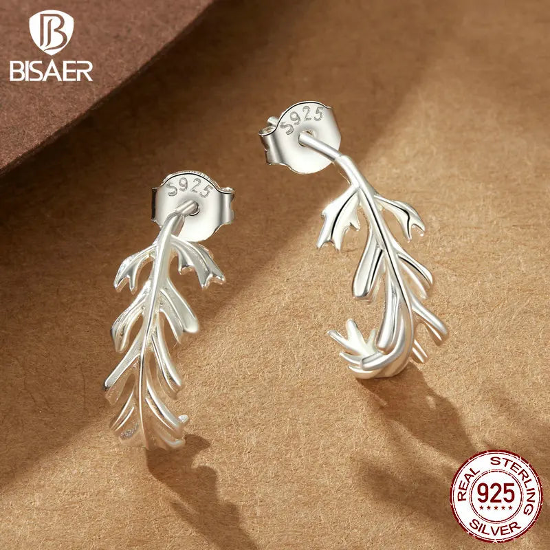 BISAER 925 Sterling Silver Leaf Stud Earrings Simple Plants Ear Clip Plated White Gold For Women Girls Party Fine Jewelry Gift