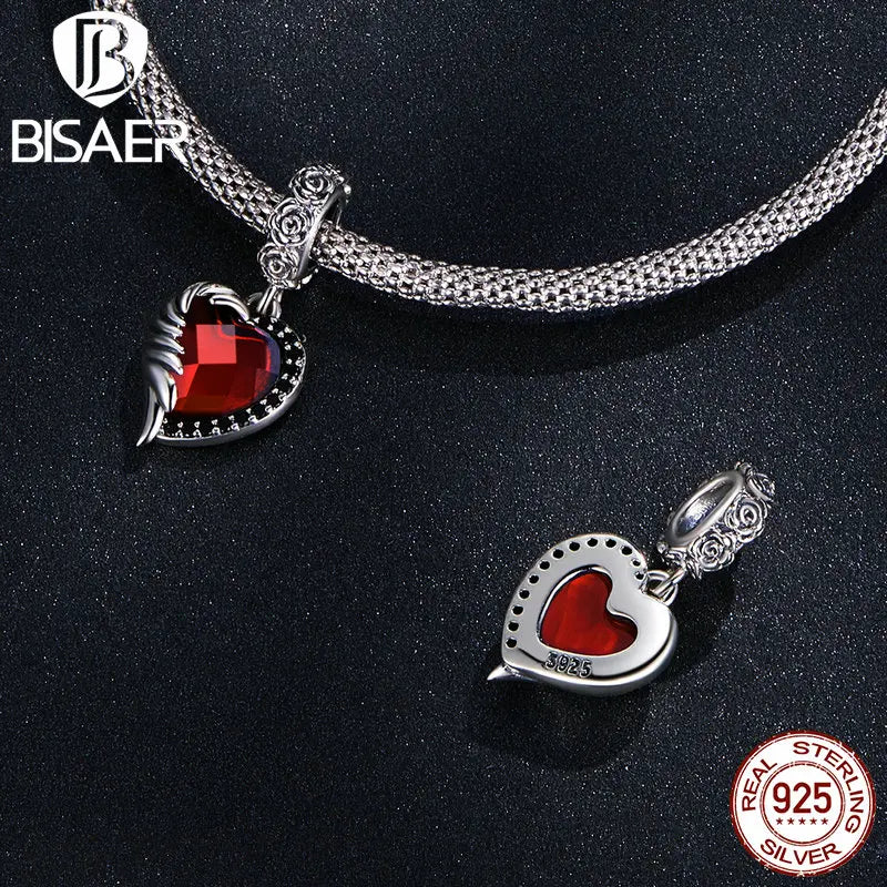 BISAER 925 Sterling Silver Red Color Charm Beads Heart Pendant For  Bracelet Necklace DIY Jewelry Valentine's Day Birthday Gift