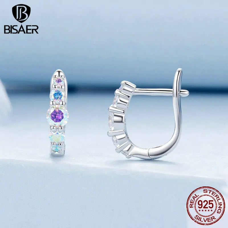 BISAER 925 Sterling Silber Regenbogen Zirkon Schnallen Für Elegante Frau Traum Hoop Ohrringe Vergoldet Platin Edlen Schmuck EFE960