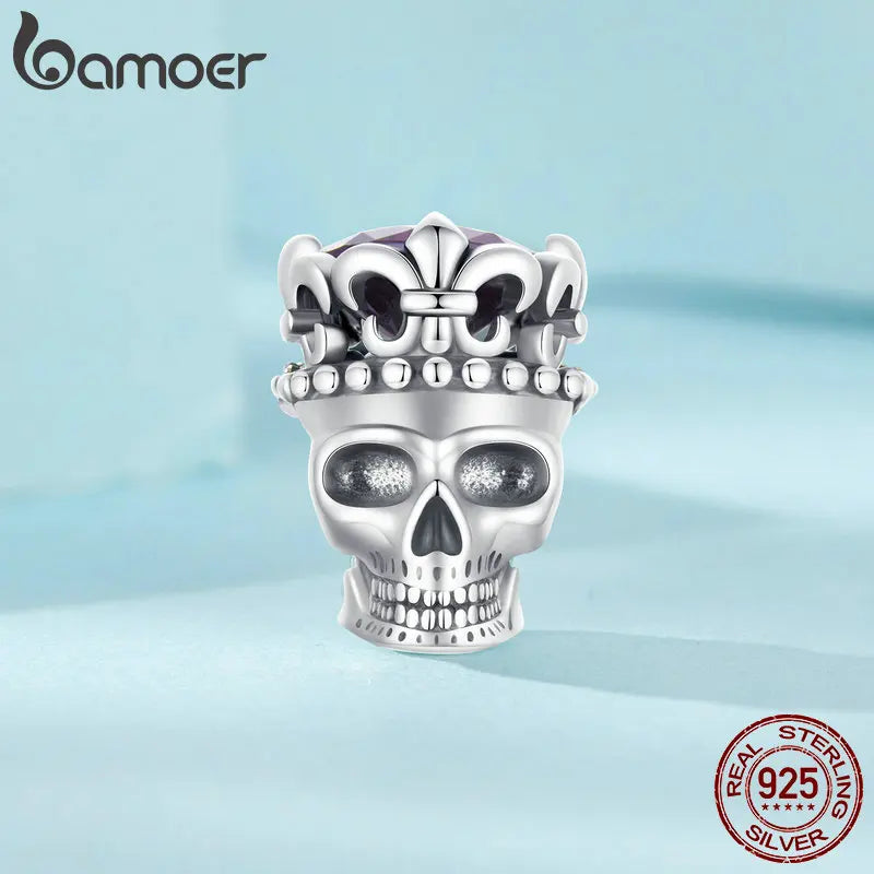 BAMOER 925 Sterling Silver Skull Beads Crown Charms for Women Halloween Jewelry Gift Bracelet Necklace DIY Accessories