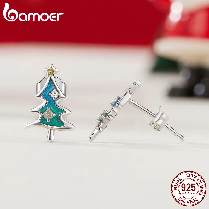 Boucles d'oreilles à tige en argent sterling 925 BAMOER en forme d'arbre de Noël, boucles d'oreilles hypoallergéniques plaquées or, cadeau de Noël pour fille SCE1811