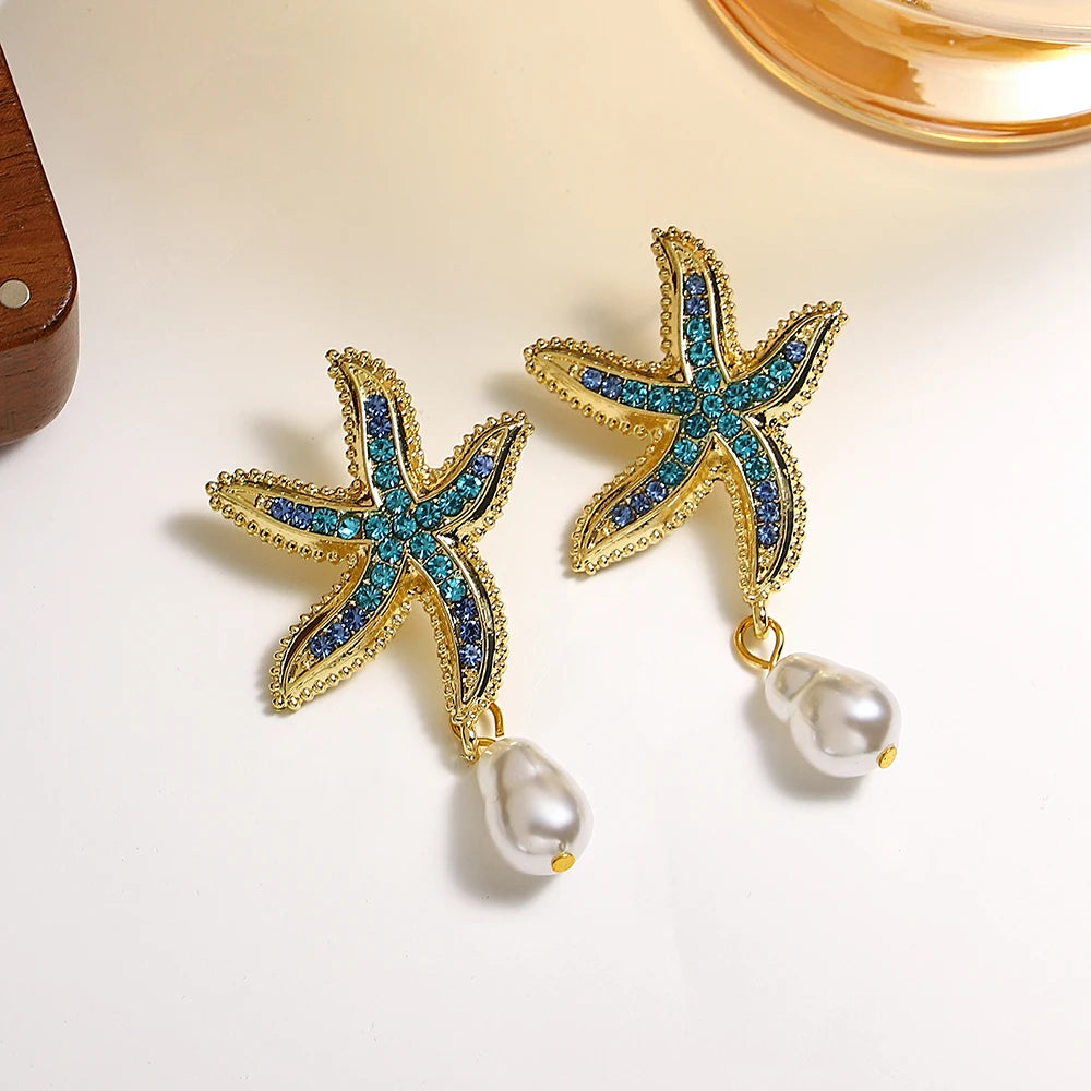 Bohemia Star Fish Earrings Drop Pearl Blue Rhinestones Dangle Earrings for Women Starfish Jewelry Summer Holiday Beach Gifts