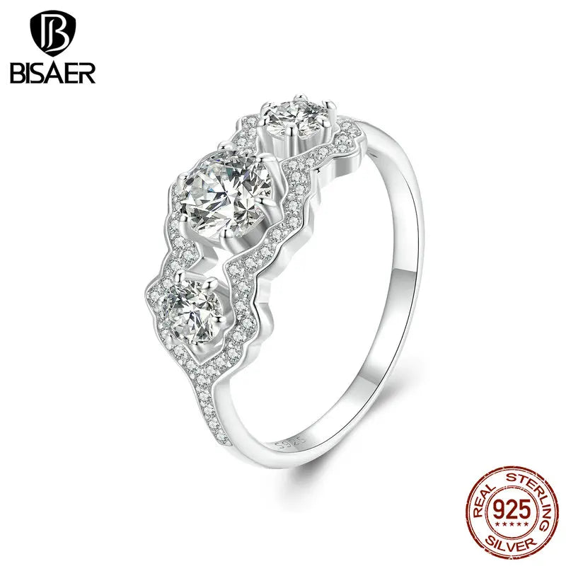 BISAER 925 Sterling Silver Sparkling Star Ring Statement Dazzle Zircon Band Plated White Gold for Woman Wedding Fine Jewelry