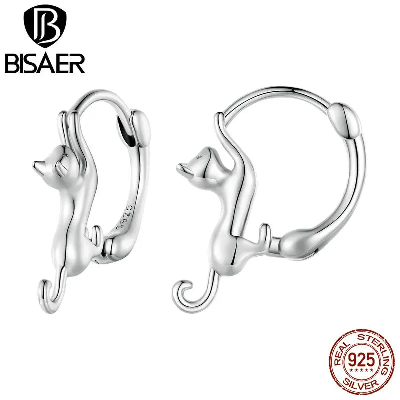 BISAER 100% 925 Pendientes de aro con forma de gato en 4 colores con clip para orejas de animal doméstico para mujer, joyería fina original para fiesta, regalo