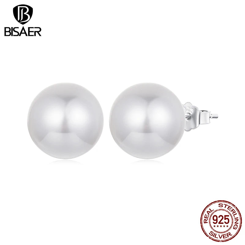 BISAER 100% 925 Sterling Silver Round Pearl Stud Earrings Plated White Gold For Elegant Women Party Original Fine Jewelry Gift