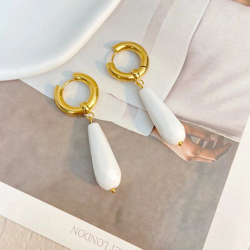 2022 Summer Gold Plated Stainless Steel Pink White Stone Teardrop Hoop Earrings for Women Waterproof Earring Jewelry Gift