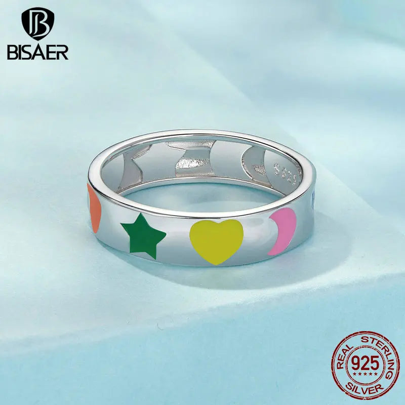 BISAER 100% 925 Sterling Silver Rainbow Wide Ring Enamel Process Symbolizes Band Plated White Gold for Women Party Fine Jewelry