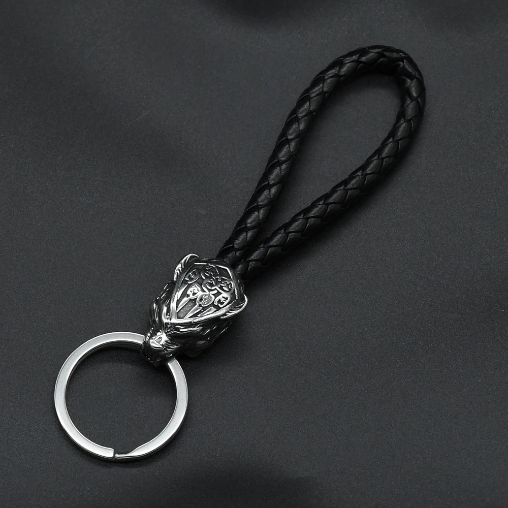 Vintage Wolf Bear Paw Head Keychains Vikings Pendant Stainless Steel wolf Keyring Handmade Male Black leather Key Ring