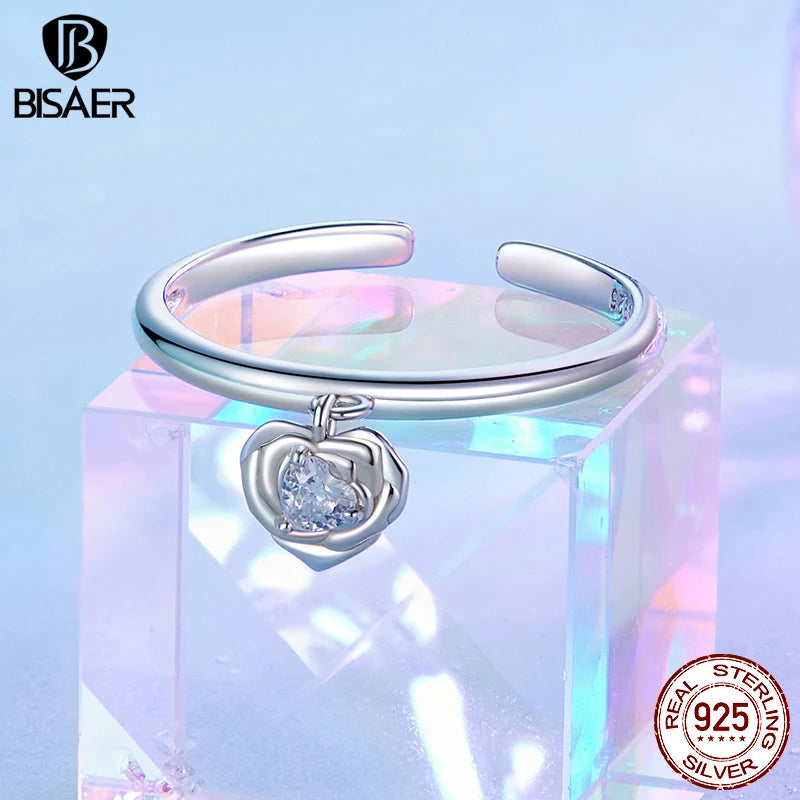 BISAER 925 Sterling Silver Heart Rose Open Ring Flower Adjustable Promise Rings Plated White Gold for Women Wedding Fine Jewelry