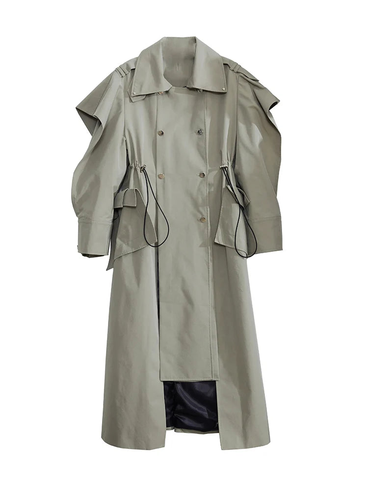 PlusizeShe Printemps Automne Long Élégant Chic Trench Coat pour Femmes avec Cordon de Serrage à la Taille Double Boutonnage Vêtements de Créateur de Luxe