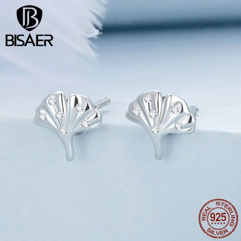 BISAER 100% 925 Sterling Silver Ginkgo Leaf Ring Plant Stud Earrings for Elegant Women Party Fine Jewelry Set Autumn Gift