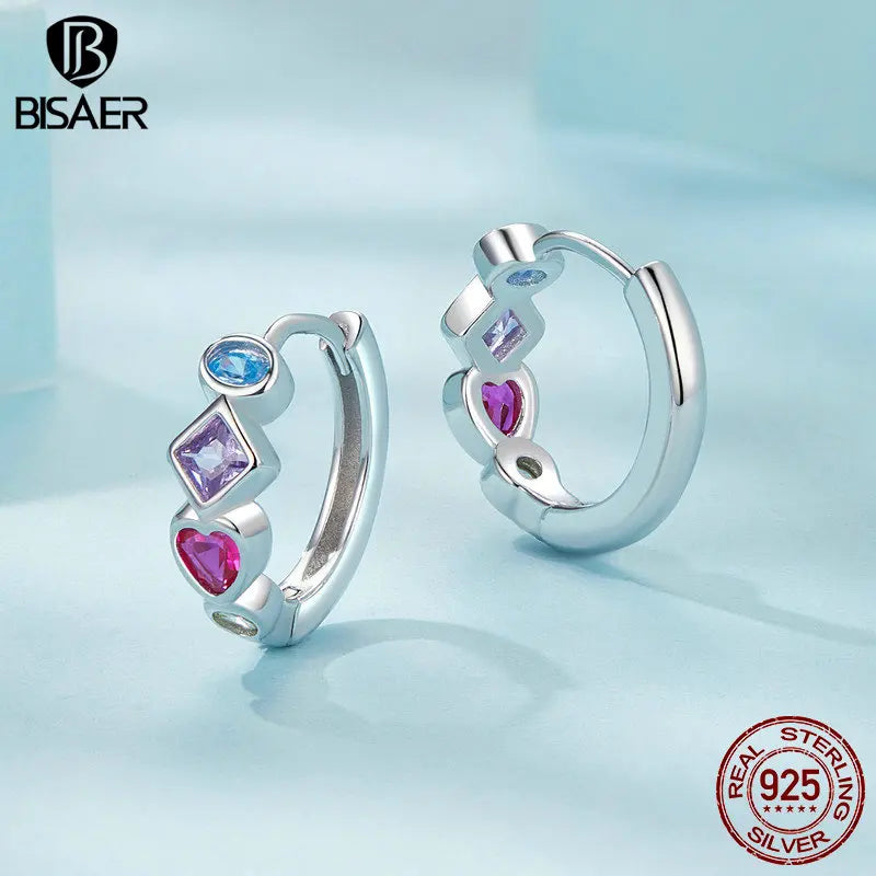 BISAER 925 Sterling Silver Colorful Zircons Stud Earrings Round Ear Clip Plated White Gold For Woman Party Fine Jewelry ECE1789