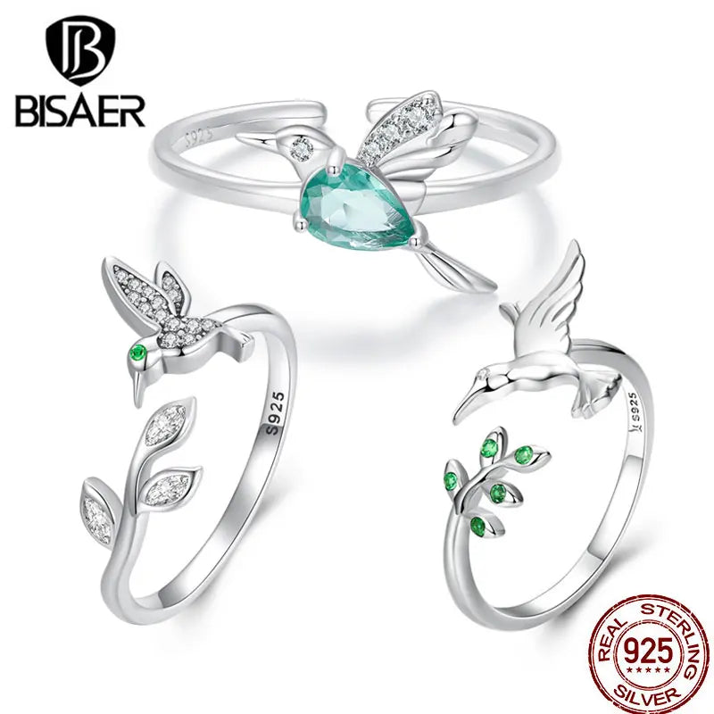 BISAER 925 Sterling Silver Hummingbird Open Ring Size 5-9 Mint Green CZ Cute Bird Band Plated Platinum for Women Fine Jewelry