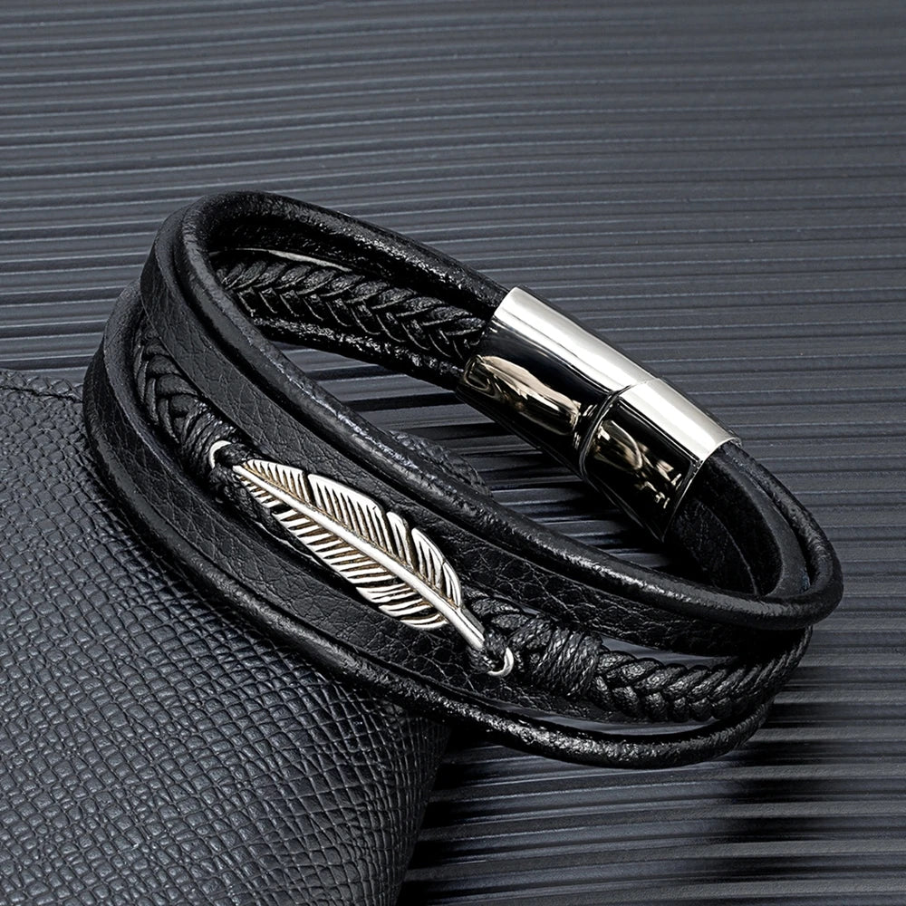 MKENDN Simple Classic Feather Genuine Leather Bracelet Braided Multilayer Stainless Steel Magnetic Clasp Wrap Bangle