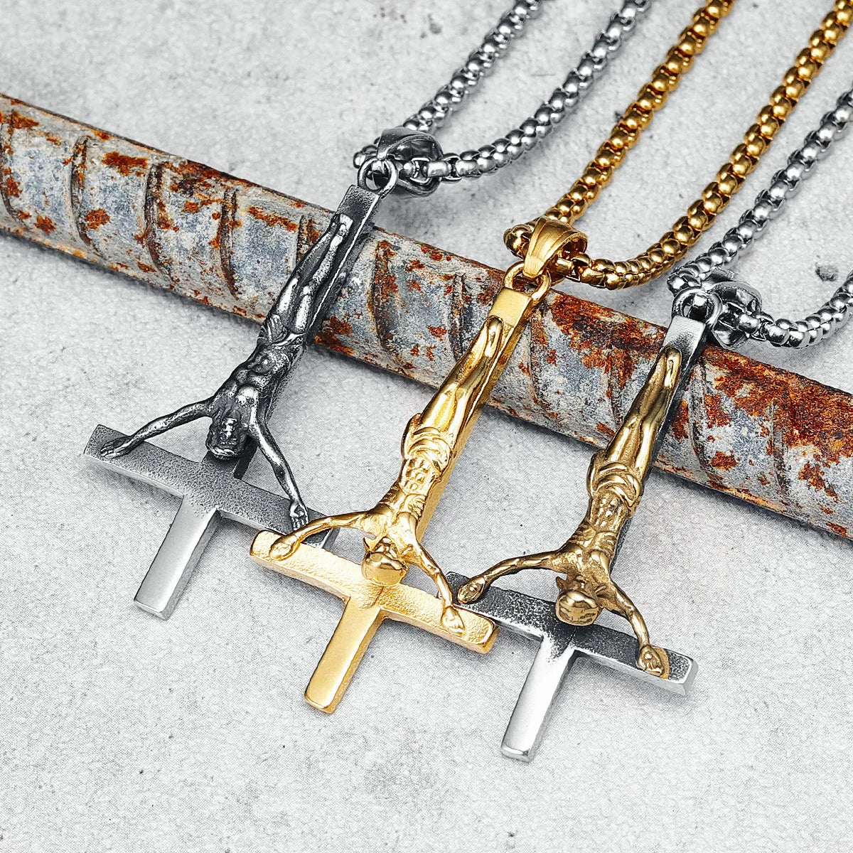 Jesus Cross Necklace INRI 316L Stainless Steel Men Retro Pendant Golden Color Chain Religion Rap Belief for Friend Jewelry Gift