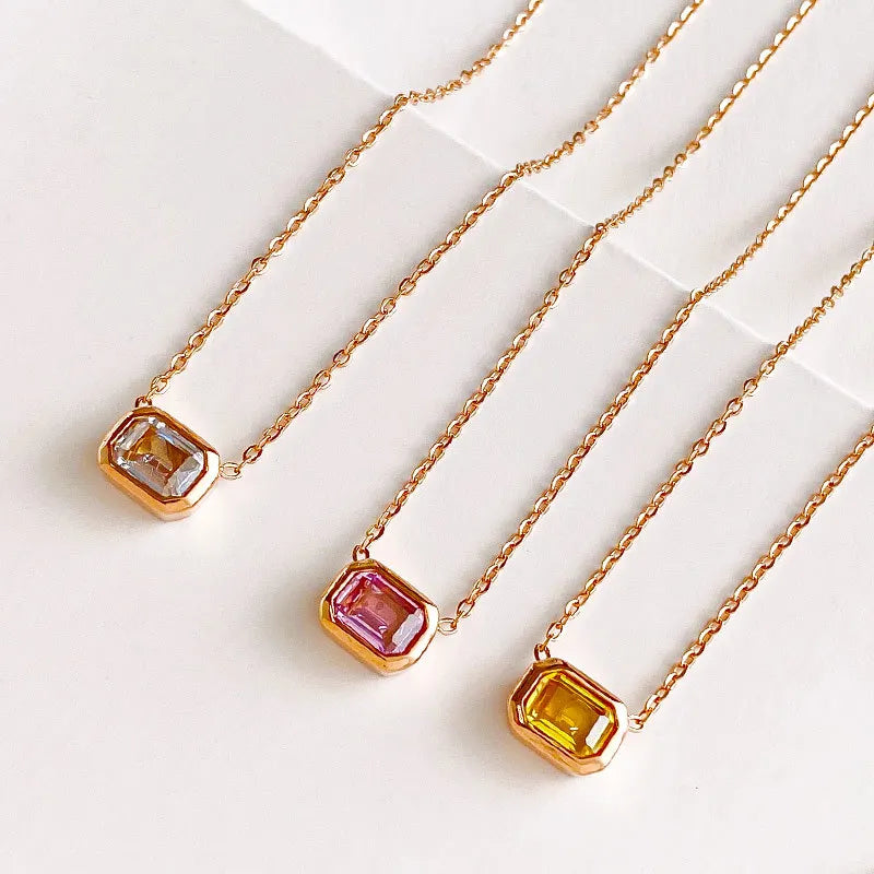 Exquisite PVD 16K Gold Plated Stainless Steel Yellow Pink Cubic Zirconia Square Pendant Necklaces for Women Waterproof Jewelry