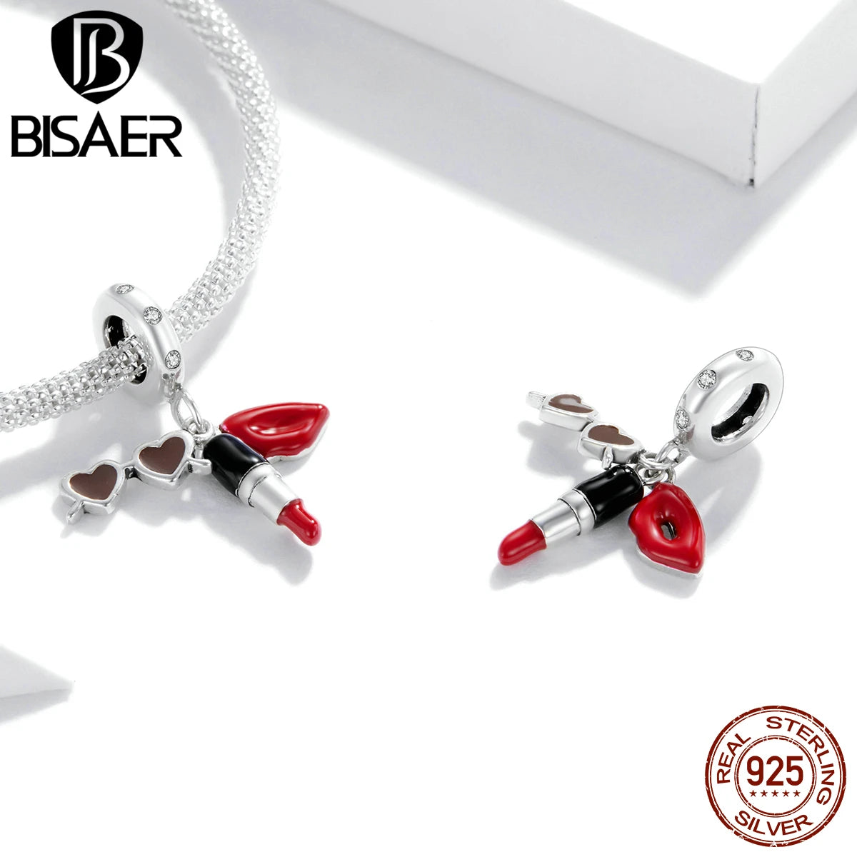 BISAER 925 Sterling Silver Summer Vacation Charm Bead Lipstick Sunglasses High Heels Airplane Pendant Fit Women DIY Bracelet