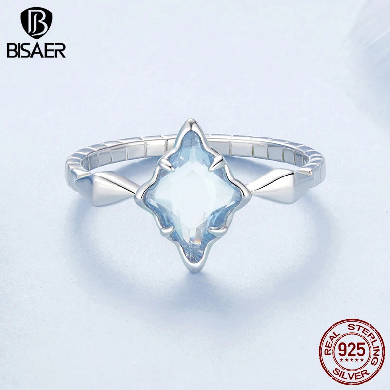 BISAER 925 Sterling Silver Blue Starburst Ring Square Statement Ring Plated White Gold for Elegant Women Party Fine Jewelry