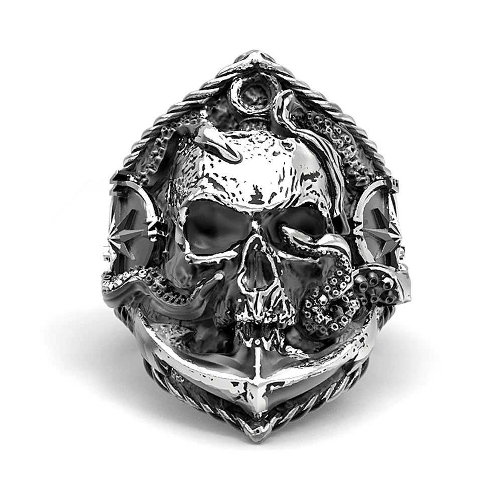 Anillo de acero inoxidable 316L con diseño de calavera pirata, estilo gótico, punk, pirata y motorista, con diseño de brújula de adsorción y ancla de pulpo pirata único para hombre