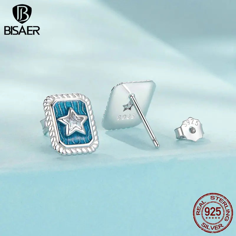 BISAER Boucles d'oreilles à tige en argent sterling 925 véritable style vintage en forme d'étoile, carrées et bleues, plaquées or blanc pour femme, bijoux fins de fête