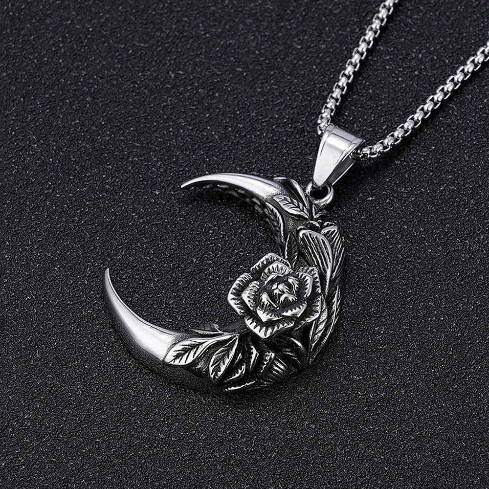 Punk Vintage 316L Edelstahl Mond Und Nacht Anhänger Mit Rose Für Männer Frauen Biker Mode Kreative Schmuck Geschenke Großhandel