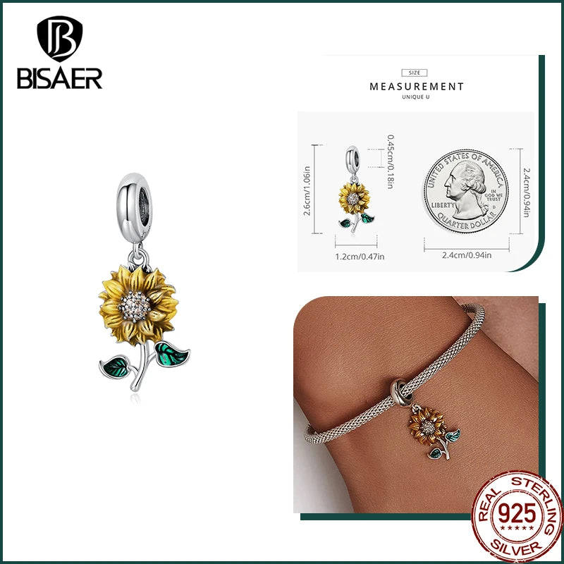 BISAER 925 Sterling Silber Drachenei Charms Perlen Bunter Sonnenschein Sonnenblumen Anhänger für Glückliche Frau DIY Armbänder Schmuck