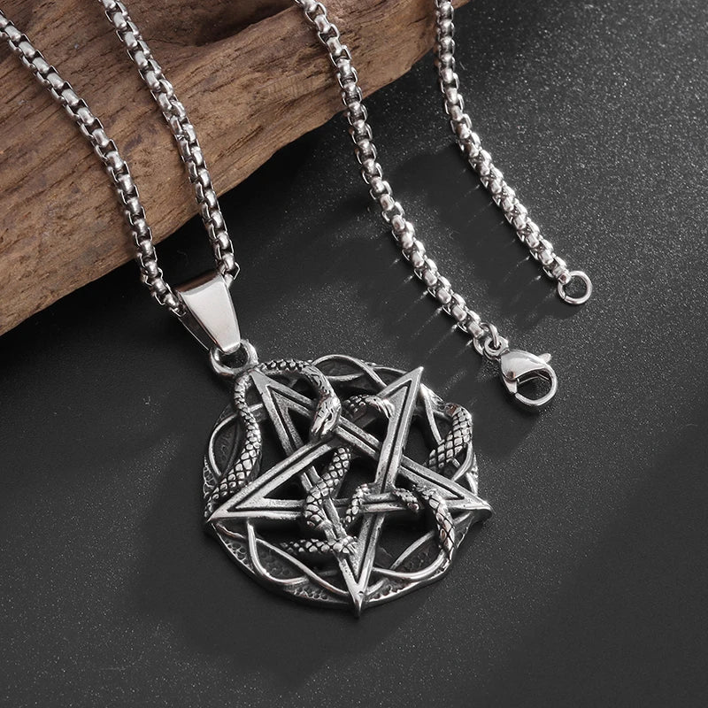 Retro Gothic Snake Coiled Pentagram Pendant Necklace for Mens Cycling Jewelry Punk Rock Exorcism Amulet