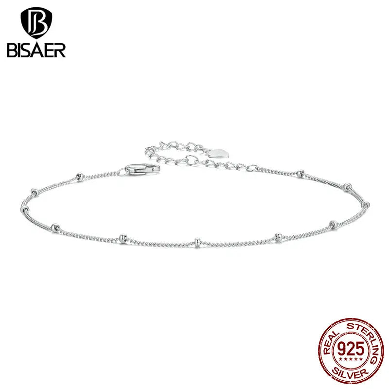 BISAER 925 Sterling Silver Beads Anklets Geometric Round Chain Anklets Plated White Gold For Women Party Fine Jewelry Holiday