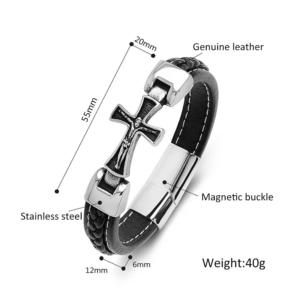 Gothic Vintage Stainless Steel Cross Bracelets For Men Women Fashion Classic Leather Jesus Bracelet Religious Amulet Jewelry