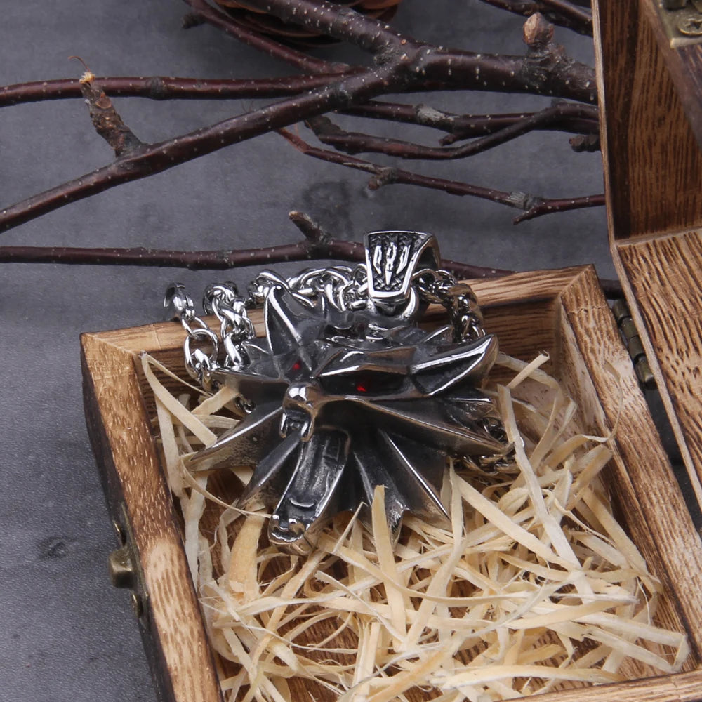 Wikinger-Halskette mit Wolfskopf-Anhänger aus Edelstahl mit Holzbox